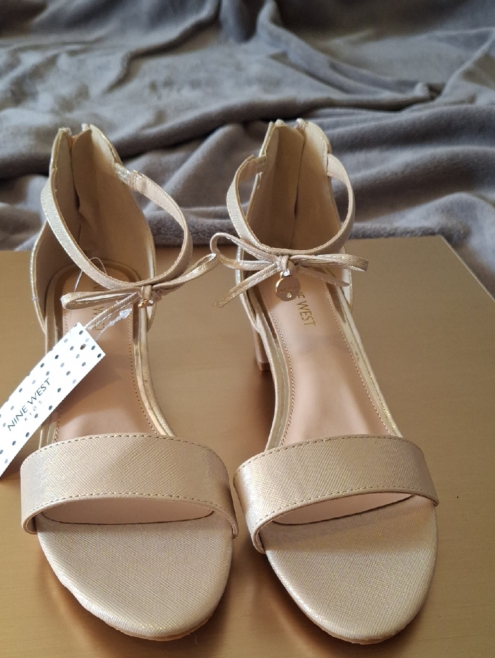 Nine West Rose Gold Ankle-Tie Block Heel Sandals With  a Beautiful Bow